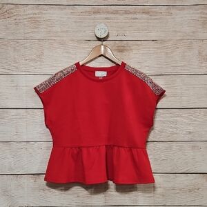 NWT Cupio Blush Red Chic Sparkling Red Peplum Tee With Bead Detail On Sleeve L